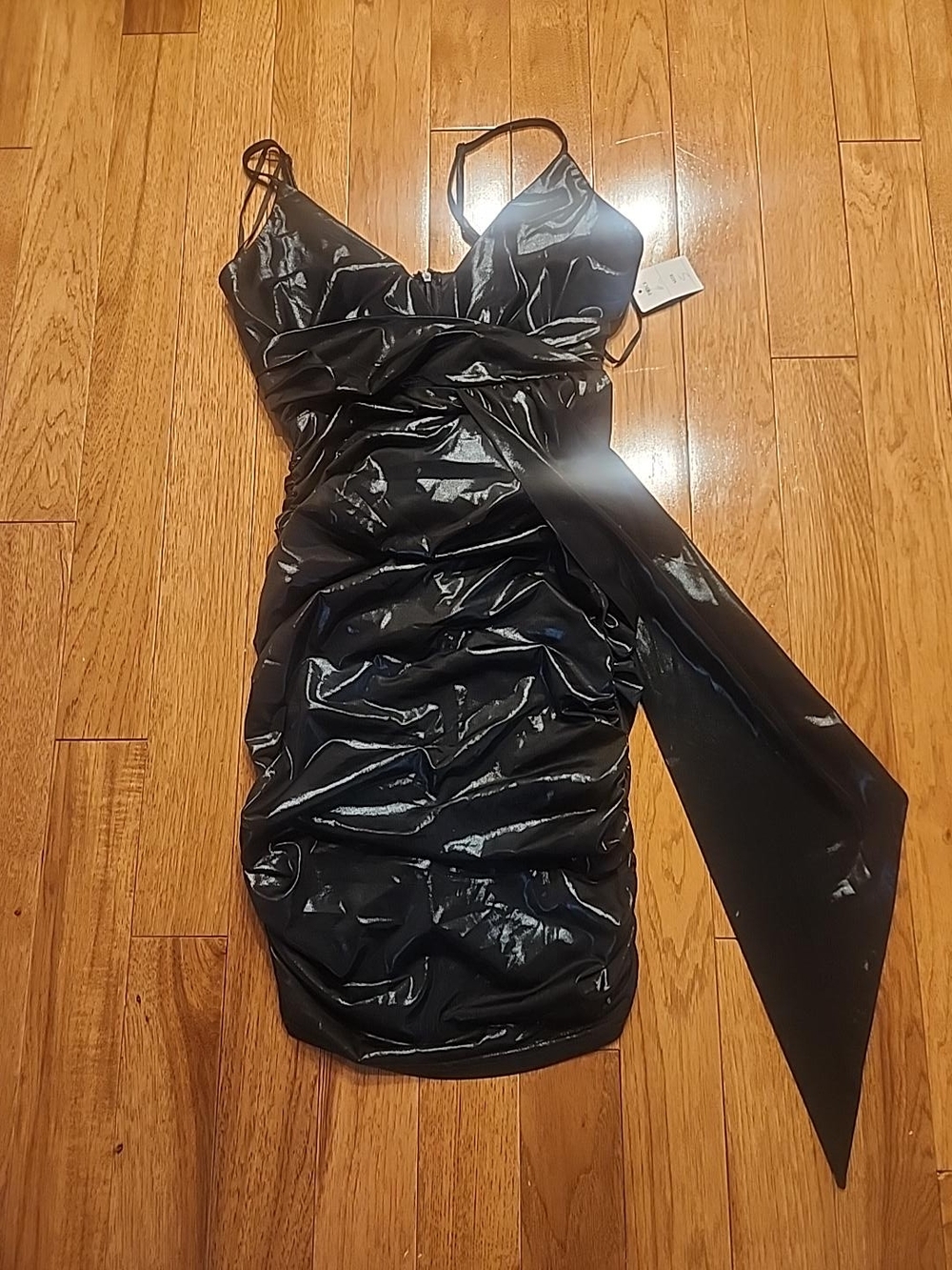Black Wet Look Mini Dress with Side Sash Size Small